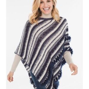 Chicos Sparkle Stripe Faux Fur Blue Knit Poncho Sweater, Women's Size L/XL